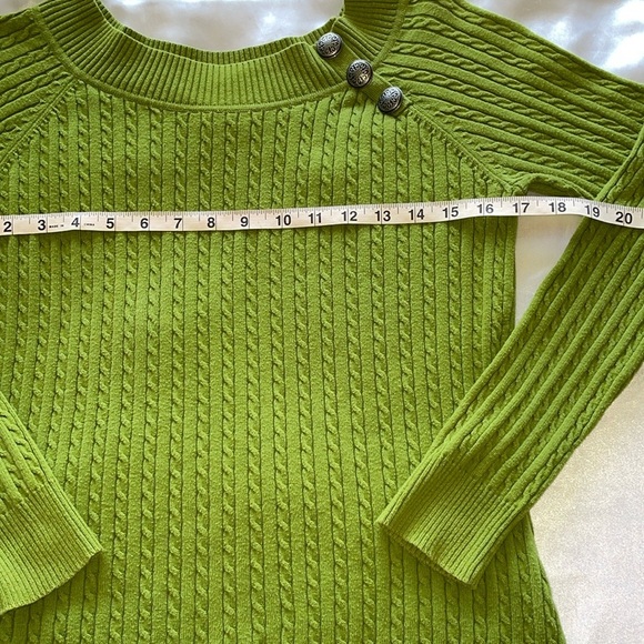 Olive Green Cotton Cable Knit Crewneck Sweater Button Accents Preppy Classic SM - Picture 6 of 10